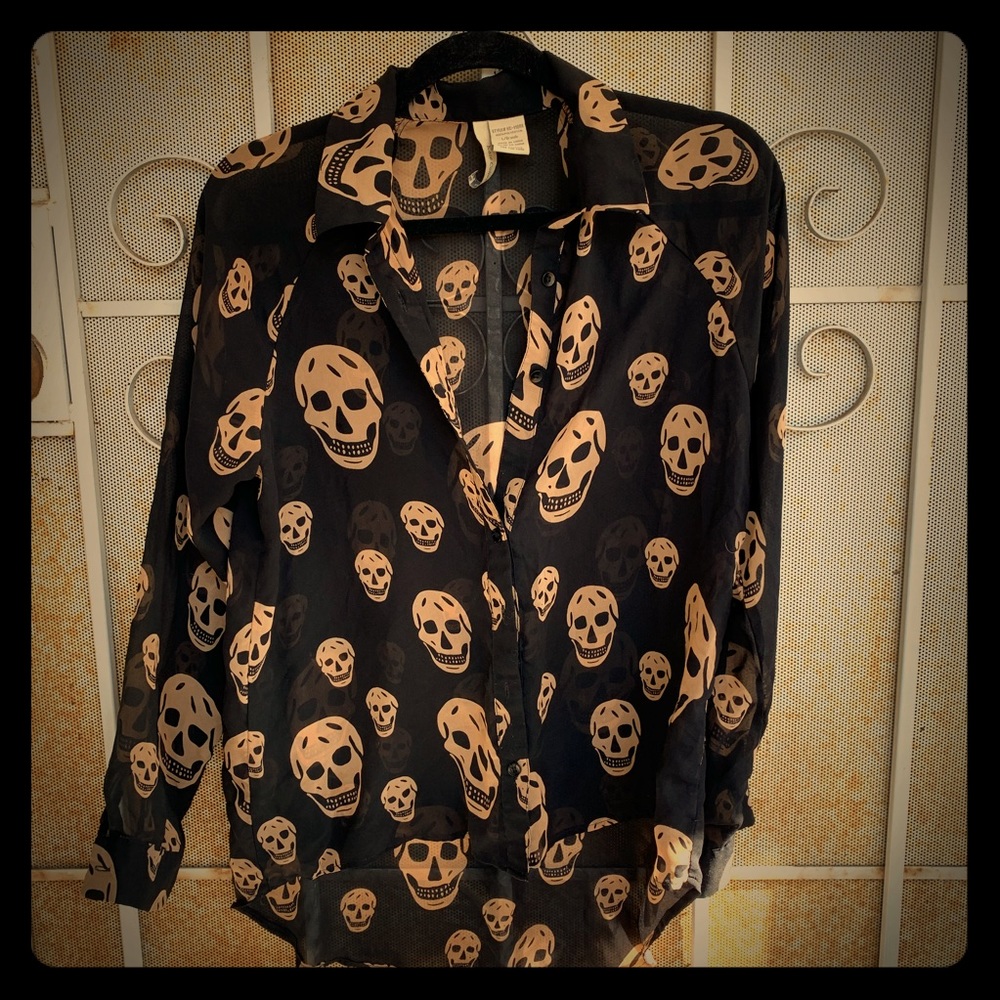 Skull Button Front Sheer Blouse Long Sleeve Cute